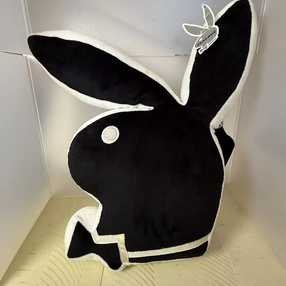 Vintage 2003 Playboy Bunny Head Shaped Pillow Black White Plush w/ Tags, Y2K